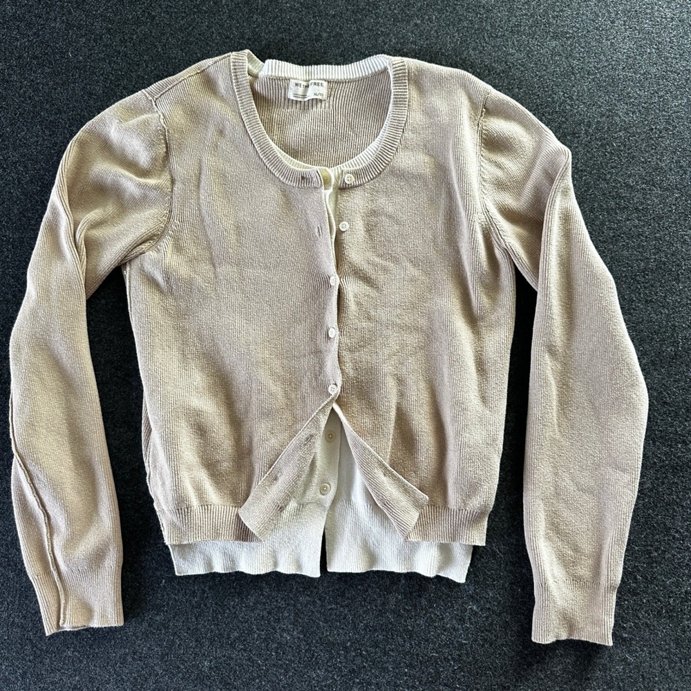 We The Free People Layered Look Ribbed Cardigan Tan Cream Cotton Cashmere XL
